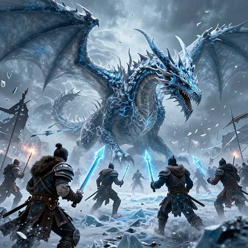 Digital fantasy artwork: Blue, ice-covered dragon roars over snowy battlefield, surrounded by armored warriors wielding glowing blue swords, amidst snowfall and icy lightning