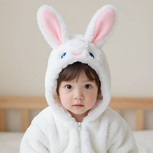 Photograph of a cute baby with dark brown eyes and soft features, wearing a white fluffy bunny hooded onesie with pink ears, against a plain