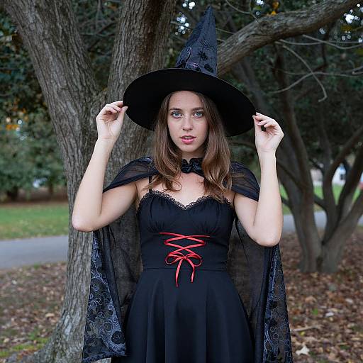 Photograph of a pale-skinned woman with brown hair, wearing a black witch costume with a lace cape, red corset, and black hat,