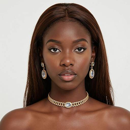 Photograph of a beautiful, dark-skinned woman with long, straight brown hair, wearing elegant oval-shaped diamond earrings and a gold necklace with a blue
