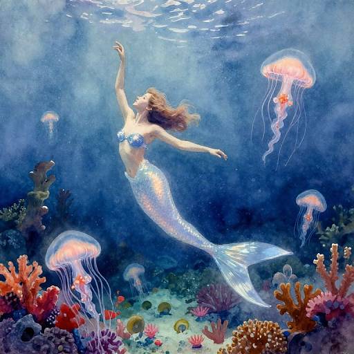 Digital painting of a silver mermaid with flowing brown hair, floating in a vibrant underwater scene with jellyfish and colorful coral.