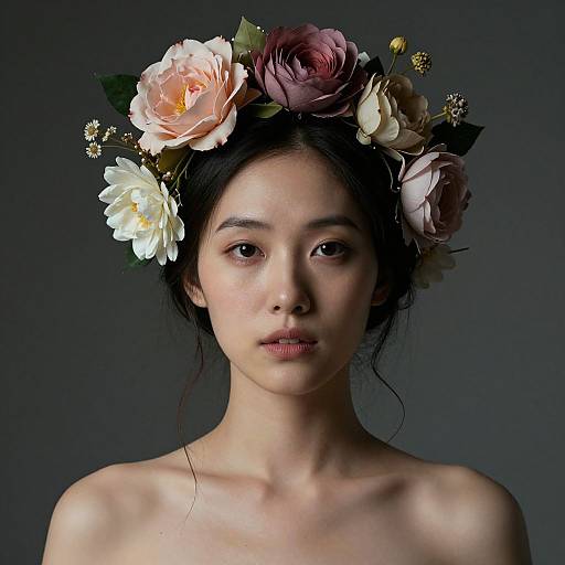 Photograph of an Asian woman with fair skin, wearing a floral crown of pink, white, and beige flowers against a dark gray background. She is