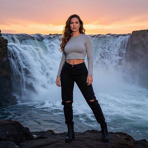 Photograph of a confident woman with long brown hair, wearing a gray crop top and black ripped jeans, standing in front of a powerful waterfall at sunset