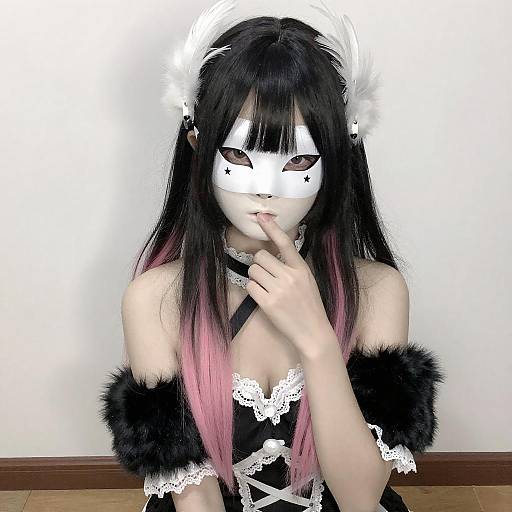 Portrait of Masked Person with Pink Streaks