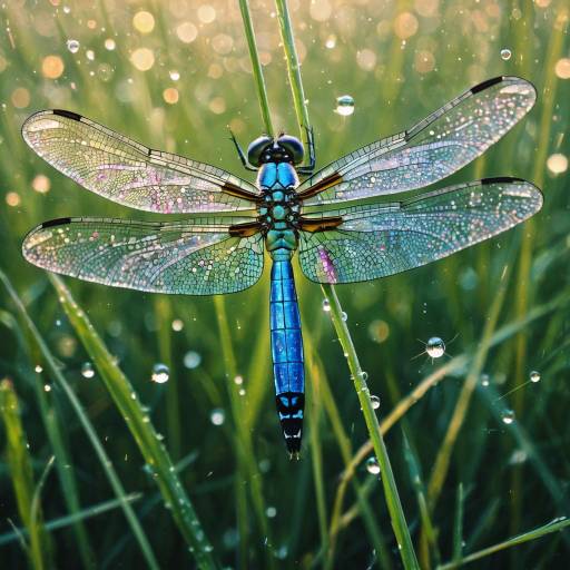 Elegant Blue Dragonfly with Iridescent Wings in Morning Meadow Elegant Blue Dragonfly with Iridescent Wings in Morning Meadow