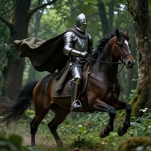 Photorealistic digital artwork of a knight in shiny silver armor riding a galloping black horse through a lush, sun-dappled forest.