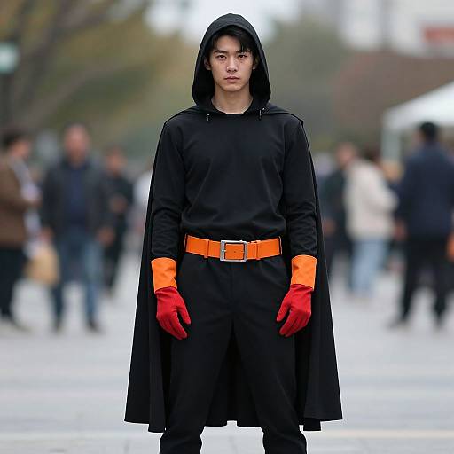 Photograph of an Asian man in a black superhero costume with orange gloves, belt, and hooded cloak, standing on a blurred city street.
