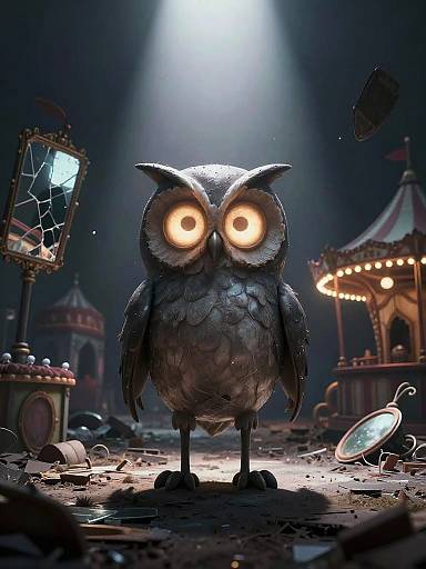 CGI owl with glowing eyes, standing on a dark, illuminated carnival ground; broken lanterns and a lit carousel in background.