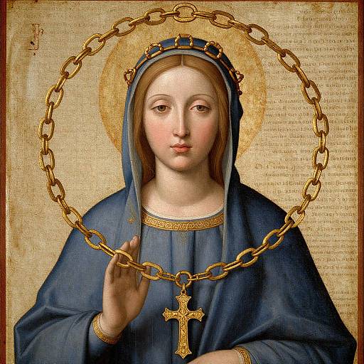 Renaissance-style painting of the Virgin Mary with a golden halo and chain, wearing a blue veil and holding a gold cross.