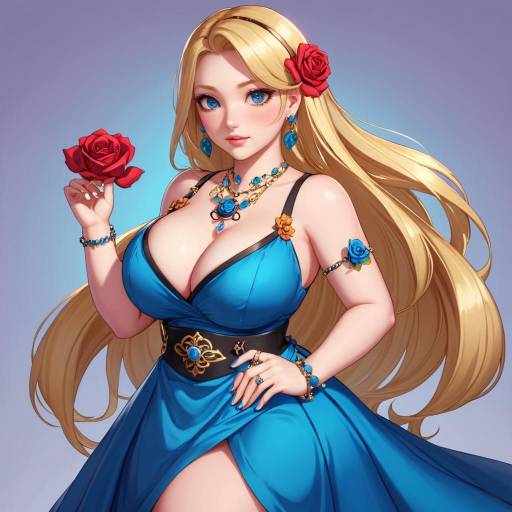 Blonde Woman in Blue Dress with Floral Background