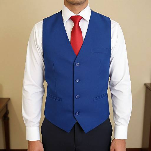 Photograph of a man in a white dress shirt, blue vest, and red tie, standing against a plain beige wall.