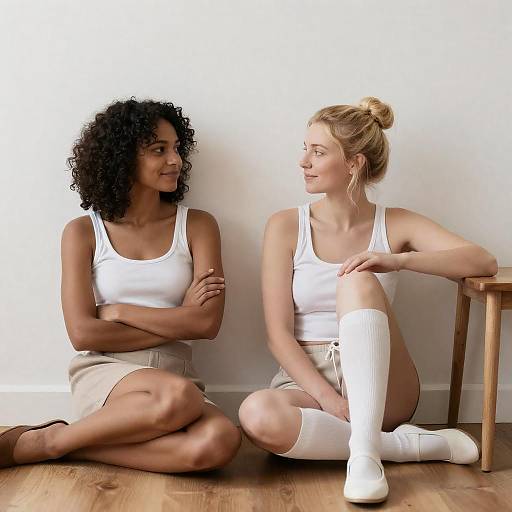 Two Women Sitting Against White Wall