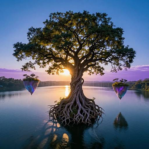 Dreamlike Aerial Vista with Giant Tree