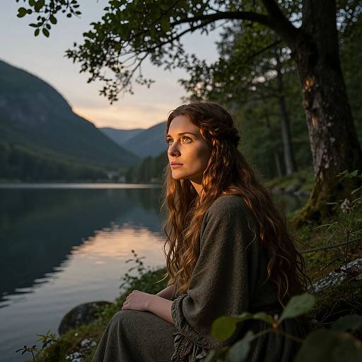 Photograph of a young woman with long, wavy brown hair and fair skin, sitting by a tranquil lake at sunset, wearing a dark gray dress