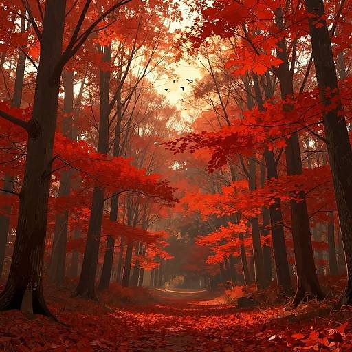 Photograph of a forest bathed in vivid red autumn leaves, tall trees, and a sunlit path, creating a warm, magical atmosphere.