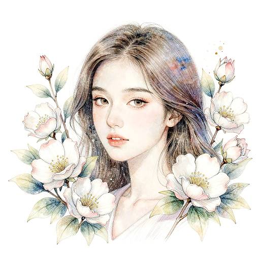 Digital watercolor portrait of a young Asian woman with long brown hair, surrounded by white blossoms, softly smiling with delicate features.