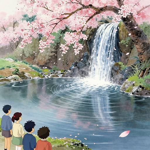 Anime-style digital artwork of four children standing by a serene pond with a cascading waterfall under cherry blossoms.