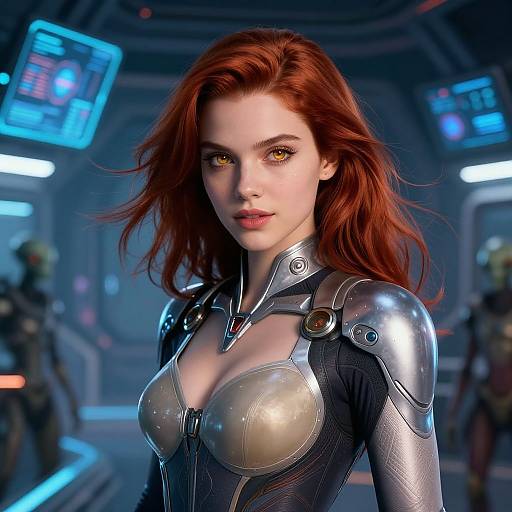CGI image of a red-haired woman with yellow eyes in a metallic, form-fitting suit, standing in a futuristic, dimly lit spaceship.