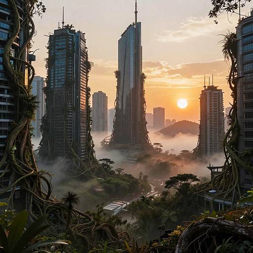 Digital artwork of a futuristic cityscape at sunset, featuring towering, vine-covered skyscrapers with misty valleys, vibrant orange sky, and dense green
