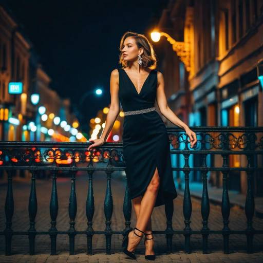 Elegant Woman in Black Dress at Night