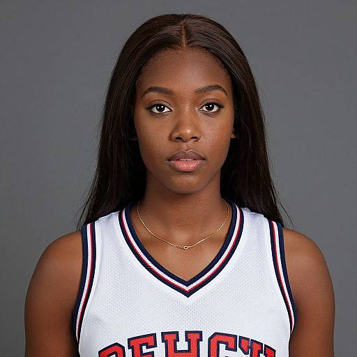Photograph of a young Black woman with long straight black hair, wearing a white basketball jersey with red and blue trim, against a gray background.