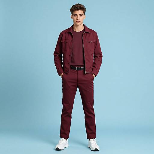 Photograph of a young man with short dark hair, wearing a maroon jacket, black shirt, matching maroon pants, and white sneakers, standing