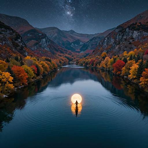 Photograph of a lone figure with a glowing lantern paddling on a serene, starlit lake surrounded by autumn-colored trees and mountains, with a bright