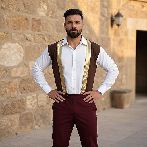 Photograph of a bearded man with dark hair, wearing a white shirt, brown suspenders, and maroon pants, standing confidently in front of