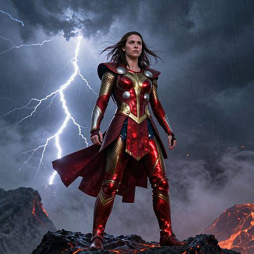 Digital art of a fierce, dark-haired woman in red and gold armored suit, standing on rocky terrain, with lightning bolts and volcanic lava in stormy