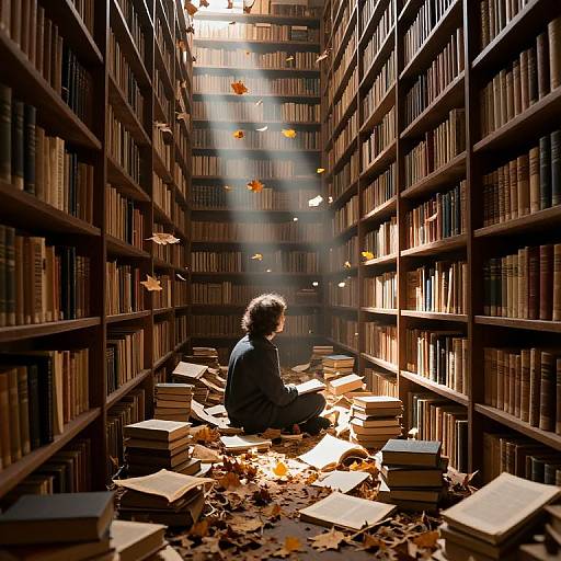 Photograph of a person with curly hair sitting amidst fallen autumn leaves and scattered books in a sunlit, towering library.