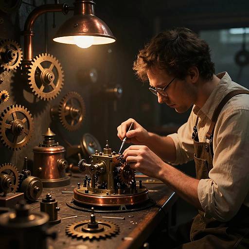 Steampunk Inventor Crafting Mechanical Device