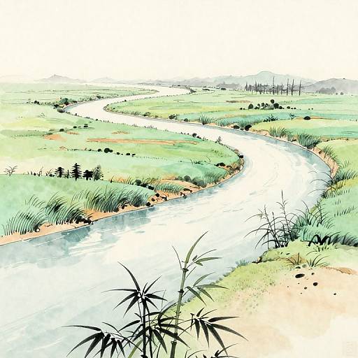 Colorful digital drawing of a winding river through lush green fields with sparse trees, tall grasses, and bamboo in the foreground. Bright, vibrant,