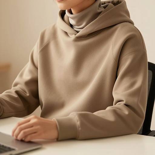 Photograph of a person with light skin wearing a beige hooded sweatshirt, typing on a silver laptop in a softly lit room.