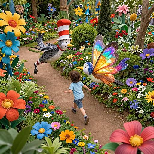 Colorful photograph of a child in a blue shirt, running along a flower-filled path, chasing a whimsical, butterfly-winged, striped-hat