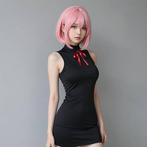 Young woman cosplaying Lucy with pink hair