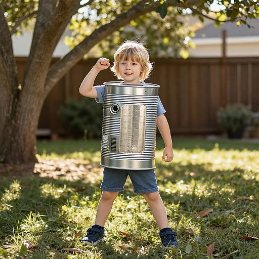 Boy in Homemade Tin Can Costume
