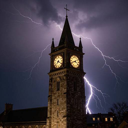 Photograph of a stone clock tower with illuminated yellow clock faces, struck by bright white lightning against a dark, stormy purple sky.