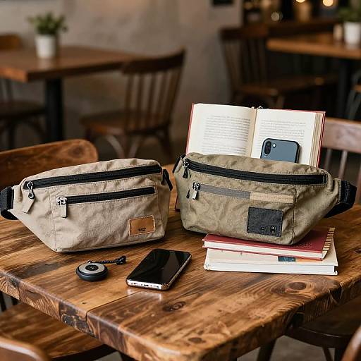 Photograph of two beige fabric pouches on a wooden table, one open with an open book and phone, the other closed, with a black phone