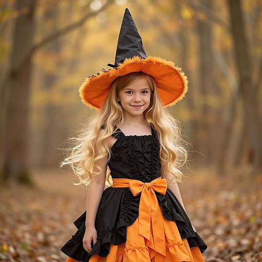 Photograph of a smiling young girl with long blonde hair, wearing a black witch hat and dress with an orange bow, standing in a forest with autumn