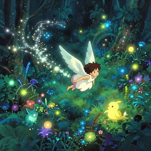 Digital anime-style illustration of a winged fairy with short brown hair, flying over a vibrant, enchanted forest filled with glowing fireflies and colorful flowers,