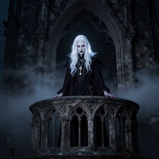 Gothic digital artwork: Pale-skinned woman with long white hair stands on a dark, misty stone archway, wearing a black, orn