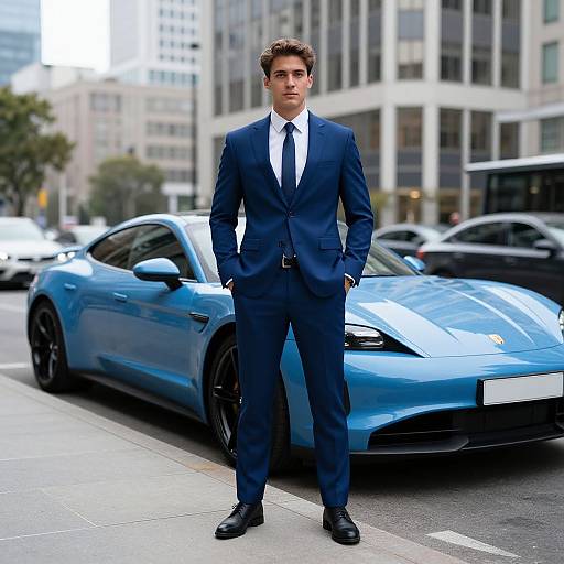 Confident Man in Blue Suit with Luxury Car