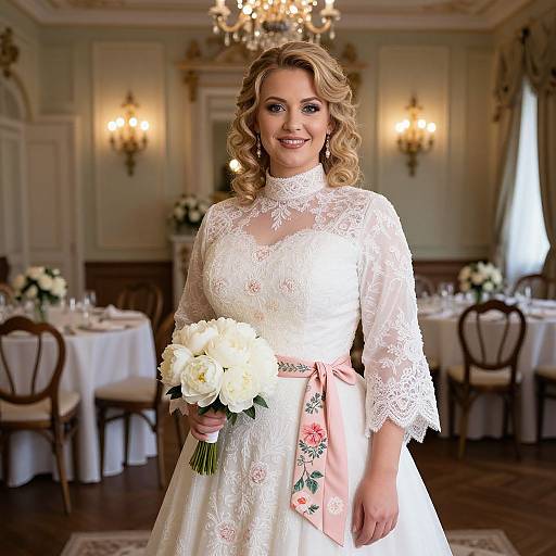 Photograph of a smiling blonde bride in an elegant white lace wedding dress with floral sash, holding a bouquet of white roses, in a beautifully decorated