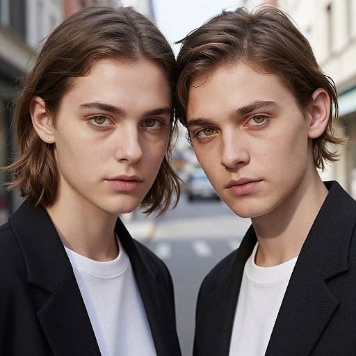 Photograph of two young, white, androgynous men with shoulder-length brown hair, wearing black blazers over white shirts, standing closely together