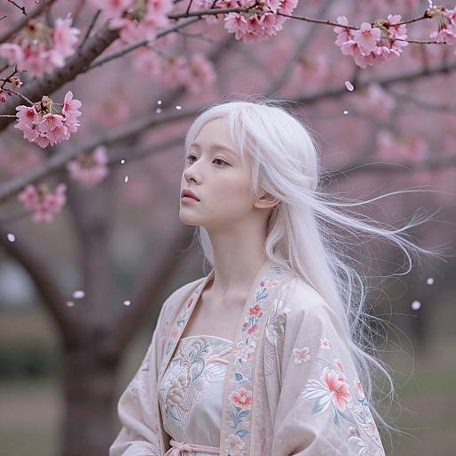 Photograph of a young woman with long, flowing white hair, wearing a delicate, floral-patterned kimono, standing amidst blooming pink cherry bloss