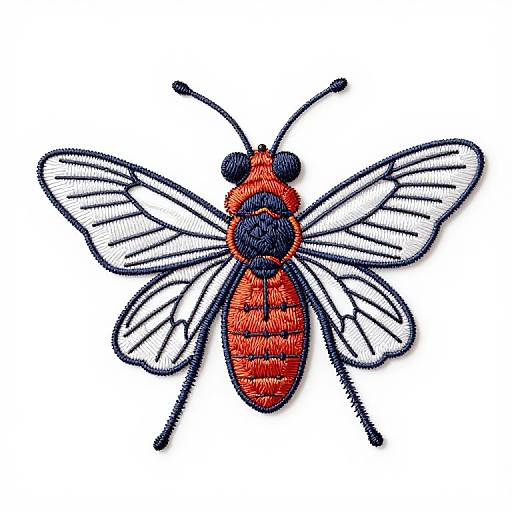 Colorful embroidered insect: red body, black head and abdomen, white wings with black outlines, two antennae, and six legs.