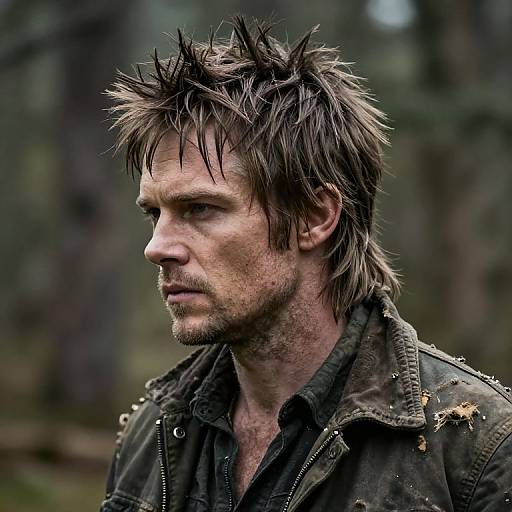 Photograph of a rugged, dirty-haired man with spiky hair, wearing a torn, dark green jacket, looking intensely to the side. Forest background