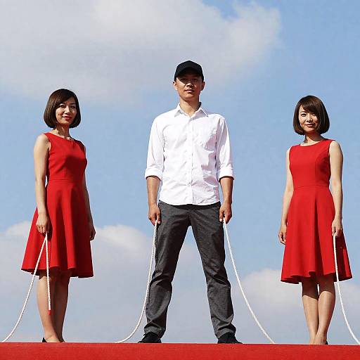 Dynamic Trio on Vibrant Red Platform