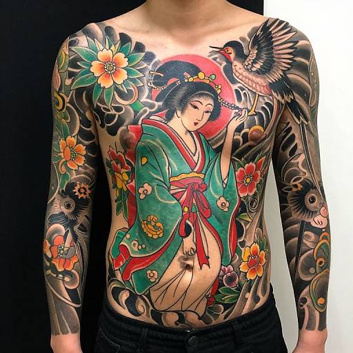 Vibrant Japanese-Style Chest Tattoo