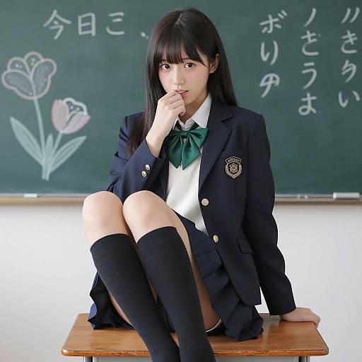 Asian Schoolgirl Sitting on Desk in Classroom